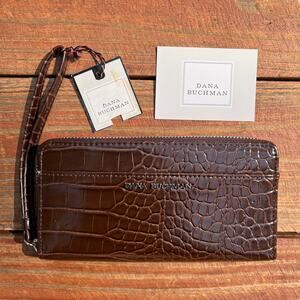 NWT Dana Buchman Croc Embossed Ava Wallet Wristlet Purse Brown Faux Leather